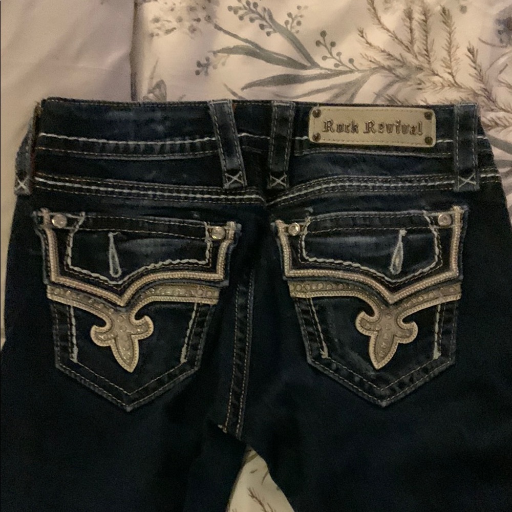 Rock Revival Blue Boot Cut Jeans with Decorative Stitching